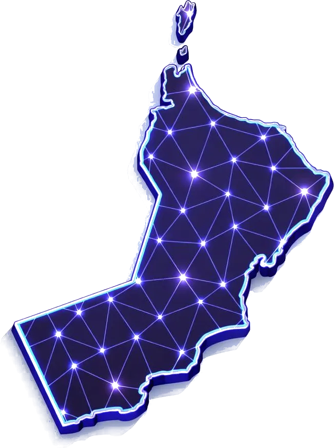Map of Oman with a network of connected nodes across the country